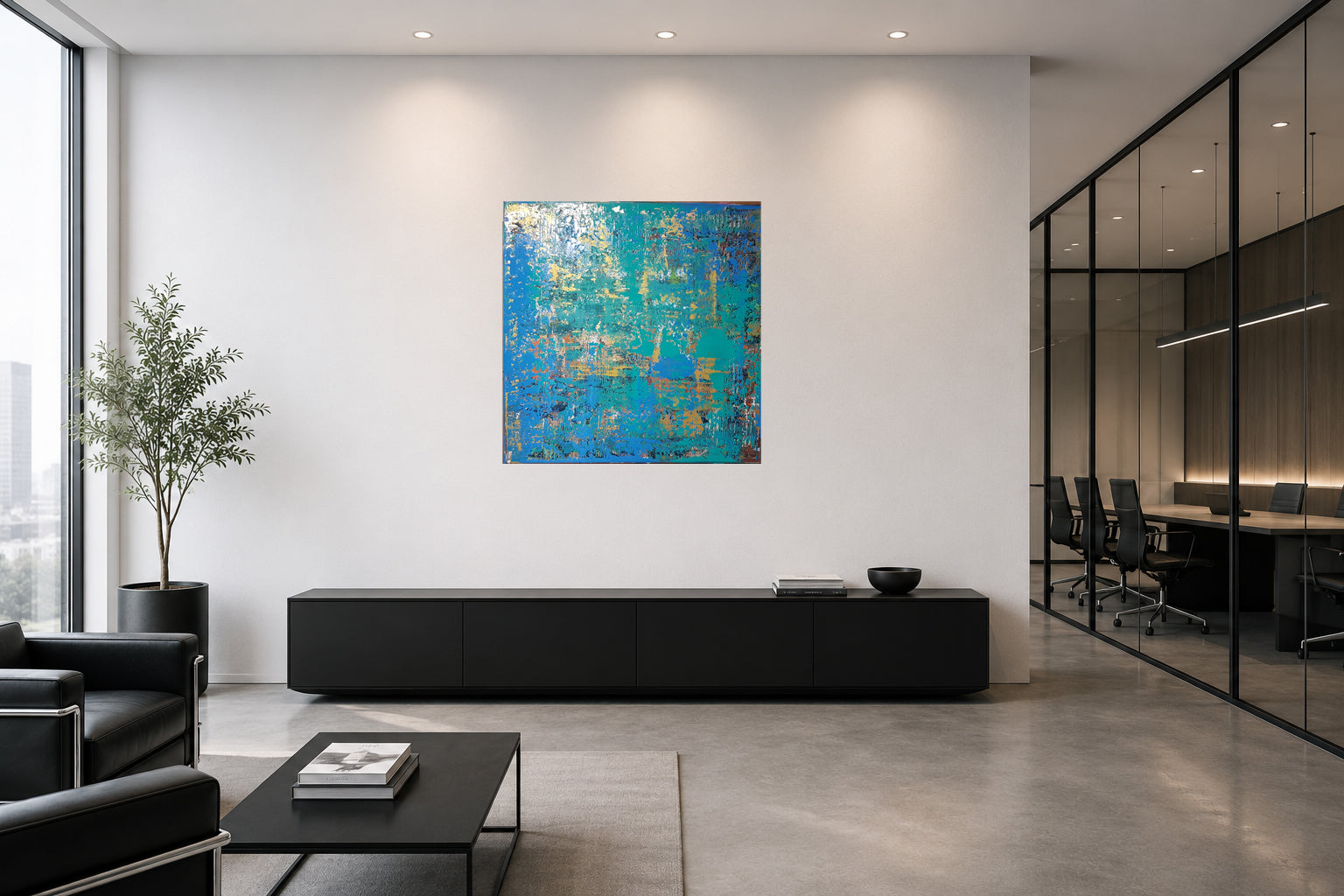 Between Water and Light – abstraktes Acrylgemälde in Raumansicht