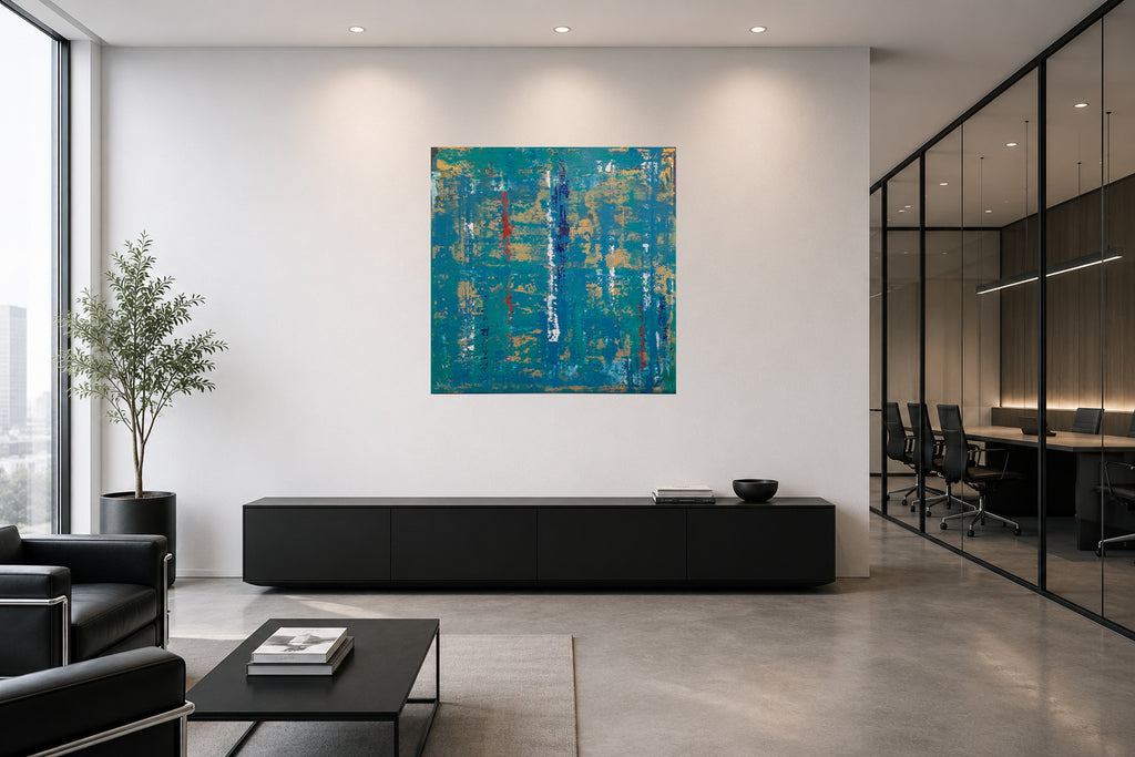 Vertical Silence – abstraktes Acrylgemälde in Raumansicht
