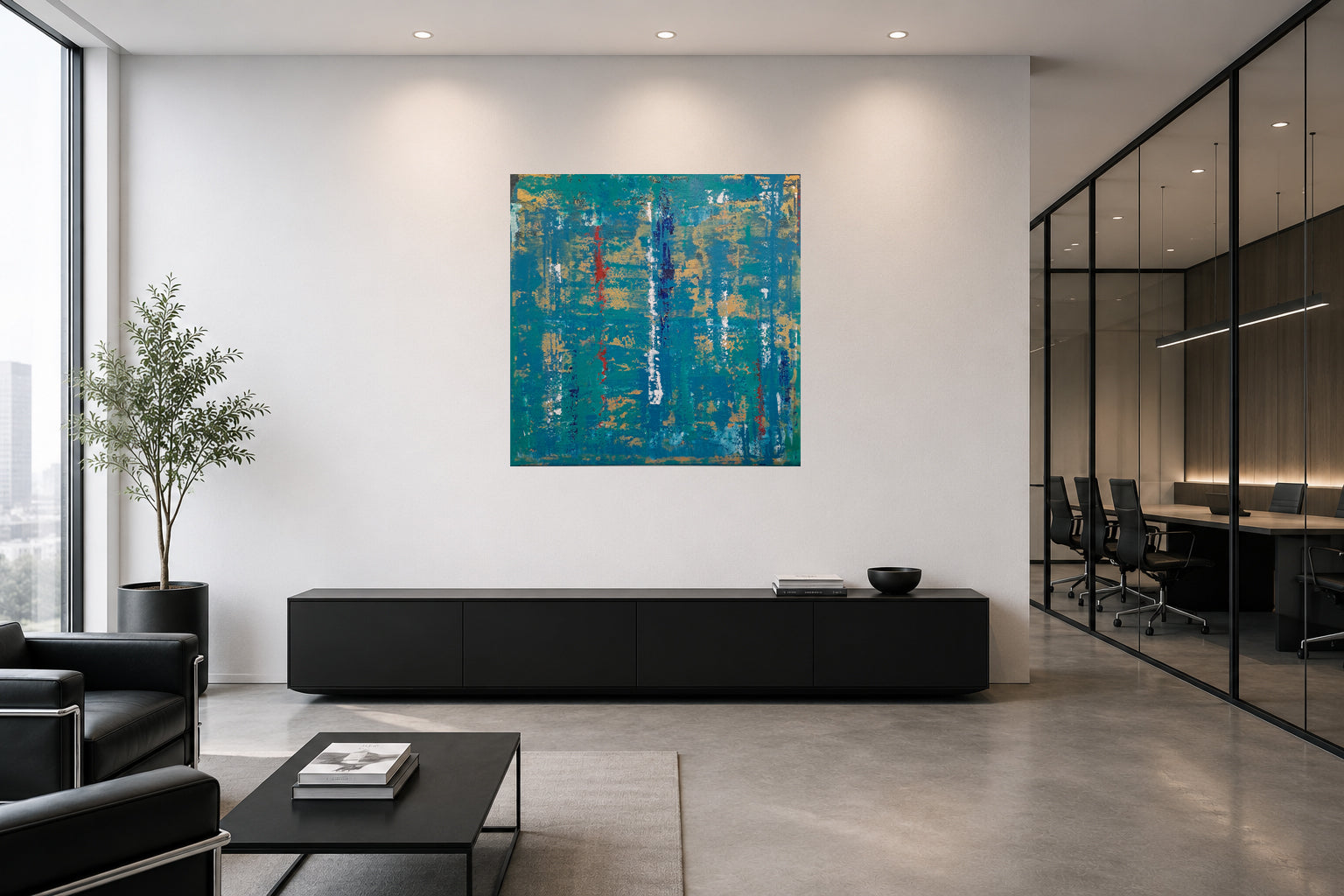 Vertical Silence – abstraktes Acrylgemälde in Raumansicht