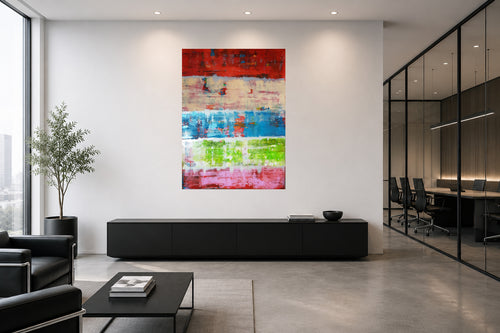 Floating Fields – abstraktes Acrylgemälde in Raumansicht