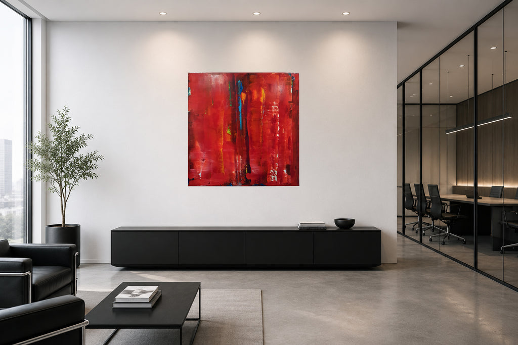 Rot in Rot – abstraktes Acrylgemälde in Raumansicht