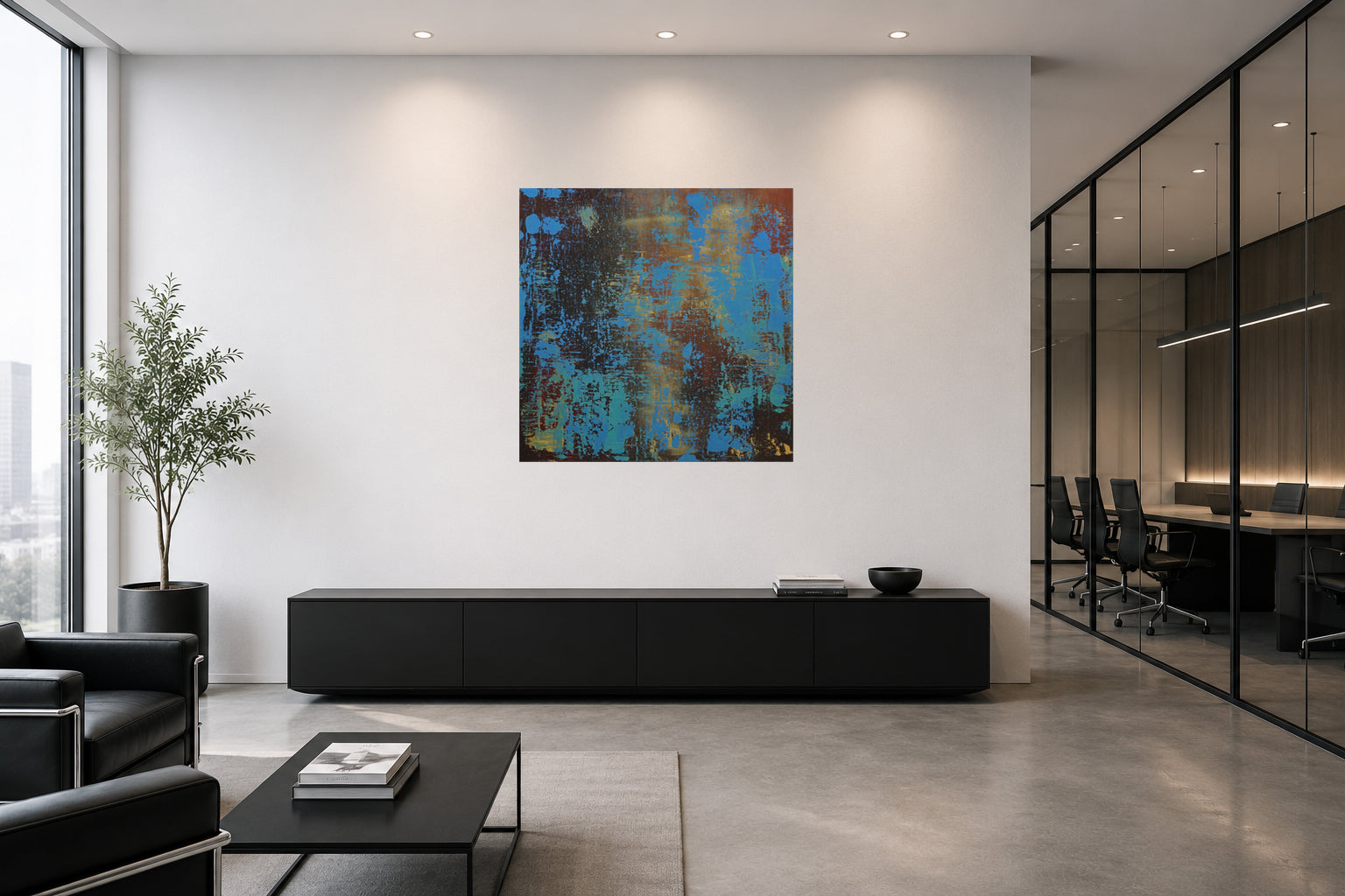 Blaue Stunde – abstraktes Acrylgemälde in Raumansicht